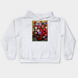 A beautiful bouquet of mixed flowers in a gold vase Kids Hoodie